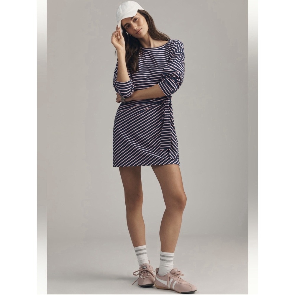 Anthropologie Daily Practice Striped Wrap Mini Dress Size Large Navy Pink NWT